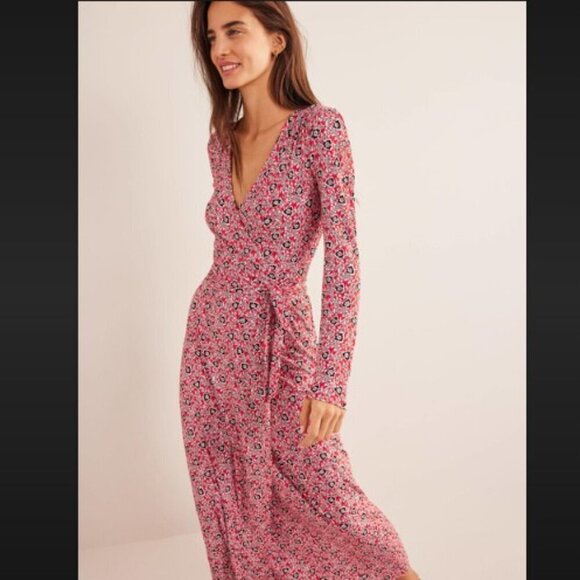 Boden Jersey Wrap Maxi Dress Tomato Clover Swirl Size 10 PETITE - Picture 1 of 15